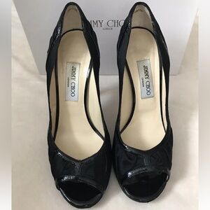 Jimmy Choo satin gathered and Black patent leather 6 inch Peep-Toe Heels